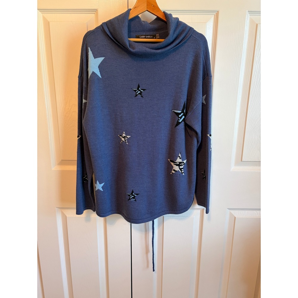 Gabby Isabella Women Blue Star Print Cowl Neck Lace Up Back Sweater XL 523540